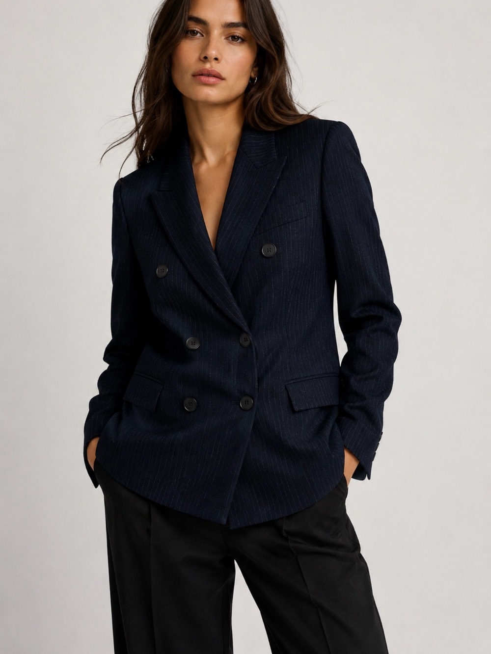 ZARA Into the Classics Navy Pinstripe Double Breasted Blazer